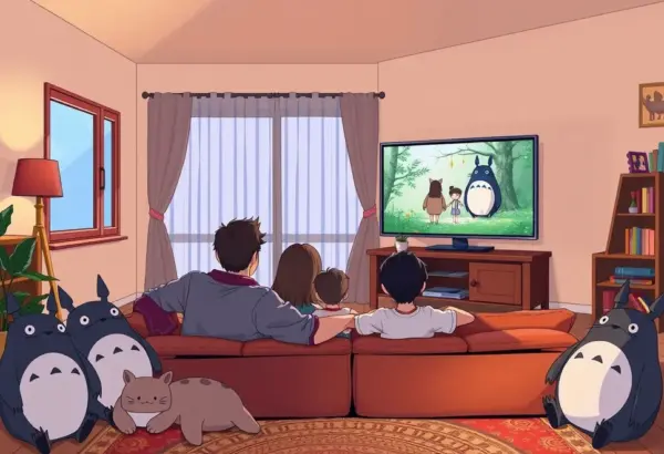 Rodzina oglądająca film Studio Ghibli w przytulnym salonie z maskotkami Totoro wokół.