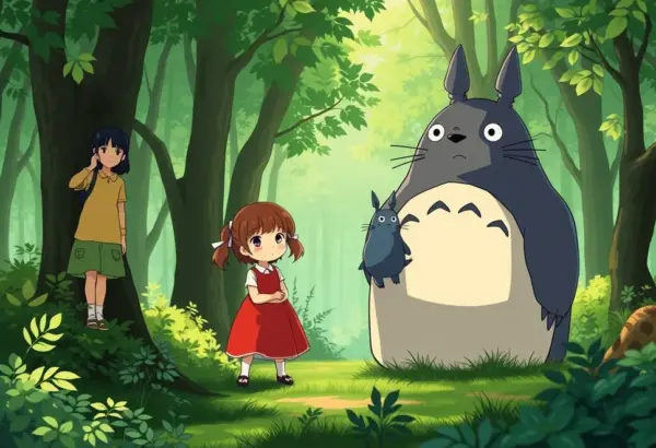 Totoro with two young girls in a forest setting from the anime My Neighbor Totoro.
