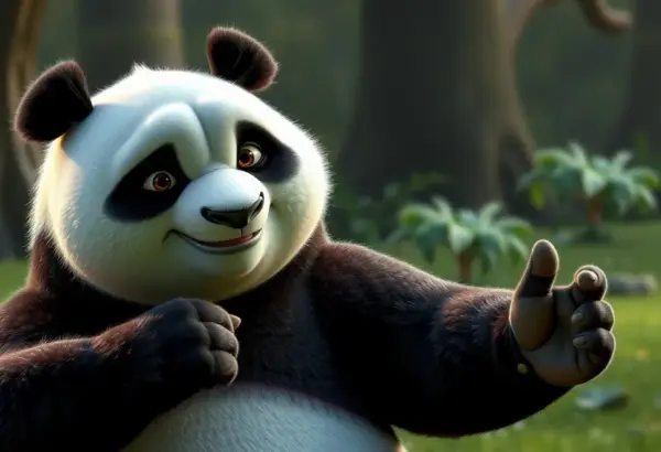 Panda Po w heroicznej pozie wraz z innymi postaciami, stojący dumnie.