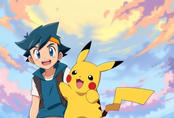 Ash and Pikachu in an animated adventure scene from Pokémon.