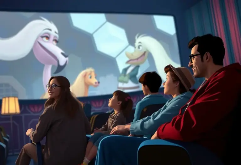 Family watching a classic animated film in a cinema, blending nostalgia with modern enhancements.