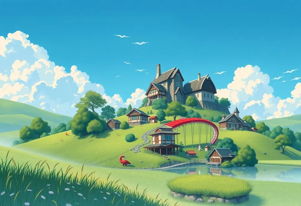 Spokojny i magiczny krajobraz z nawiązaniem do Ghibli, z zielonymi polami i mitycznymi istotami.