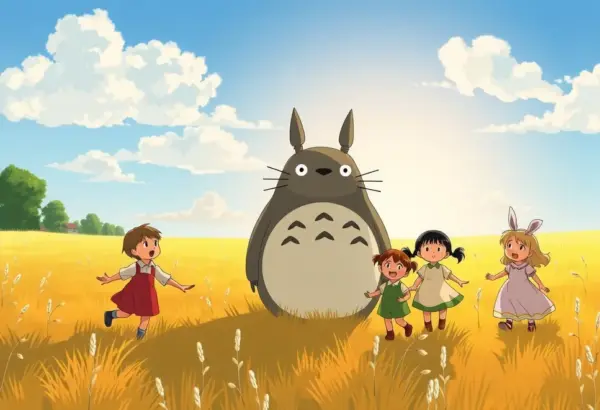 Totoro i dzieci bawiący się w słonecznym polu symbolizującym ciepło rodzinne.