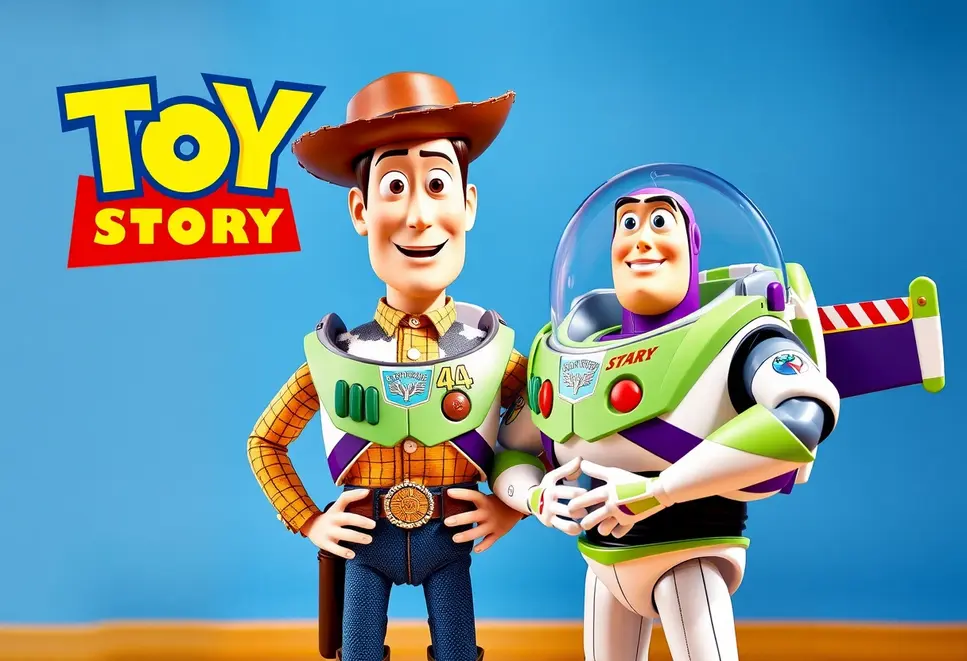 Woody i Buzz Lightyear wspólnie na tle kolorowego krajobrazu.
