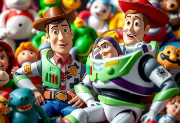 Woody i Buzz Lightyear z Toy Story w otoczeniu innych zabawek.