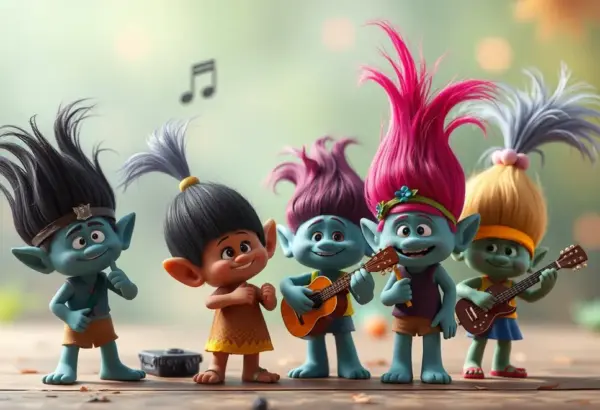 Trolls playing instruments and singing together.